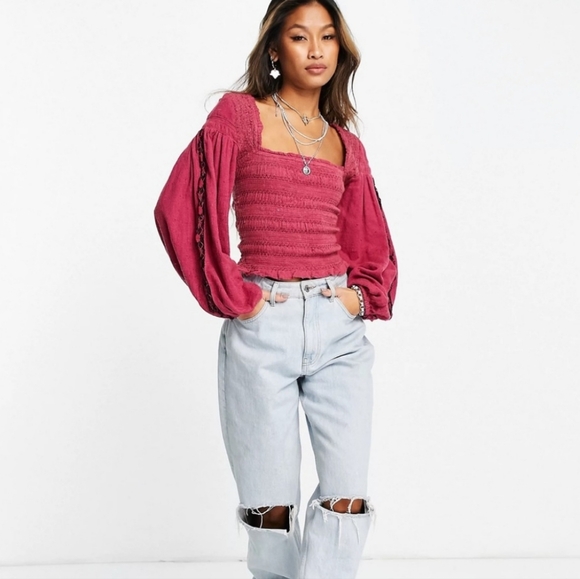 *HP*Free People Smocked Embellished L/S Blouse - Picture 9 of 12